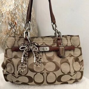 Coach Brown Signature Canvas Shoulder Bag with Leopard Bow